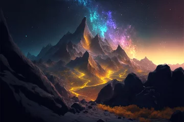Poster Mountain landscape scenery on starry night with cosmic nebula above mountains © Henry Letham