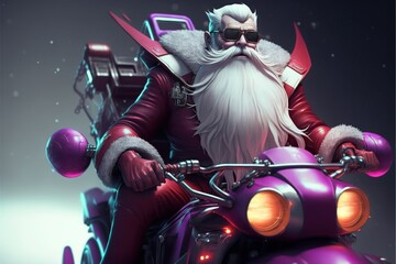 Cool cyberpunk santa claus on  motorcycle. Christmas character design.