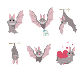 Obraz na płótnie Canvas Funny Gray Bat with Cute Snout Flying with Gift Box, Holding Heart and Hanging on Tree Branch Vector Set