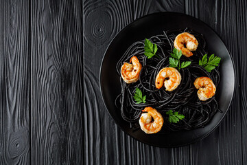 delicious black spaghetti pasta on a black rustic wooden background