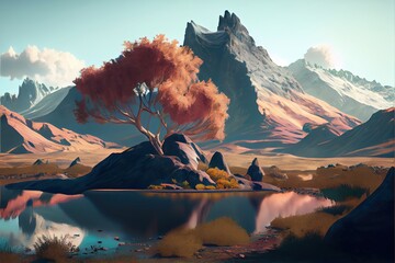 Illustration of peaceful moutain with jungle with lots of trees landscape, cinematic