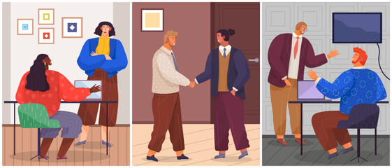 Business partnership cooperation beginning. Businessmen shaking hands after signing contract agreement. Business meeting of partners in office. Male colleagues discussing work and closing deal