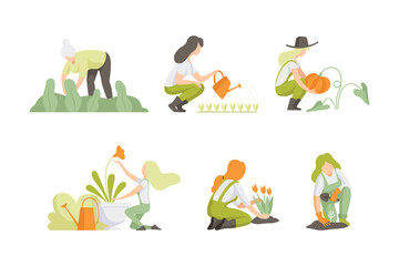 Woman Working in the Garden or Farming Engaged in Horticulture Vector Set