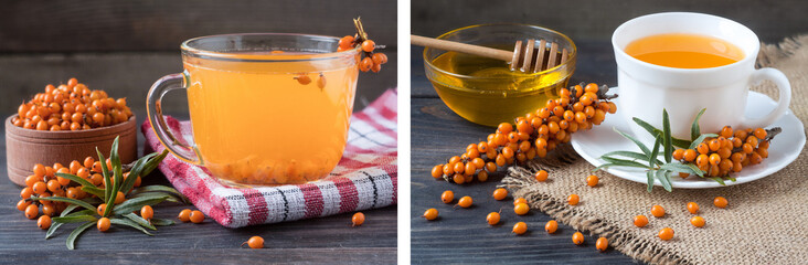 Tea of sea-buckthorn berries with branch on dark wooden background
