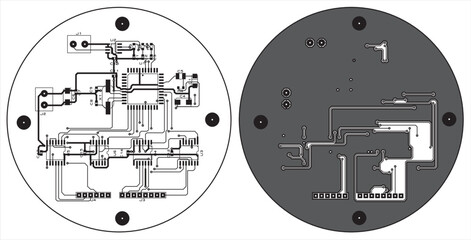 Tracing the conductors of a round multilayer printed circuit board Vector drawing of printed tracks, transition holes, contact pads and copper metallization areas Silkscreen printing, assembly drawing