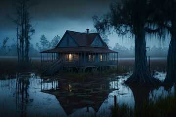 Obraz premium Generative AI illustration of old dilapidated wooden house on swamps