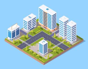 Isometric city buildings, streets and roads vector illustration