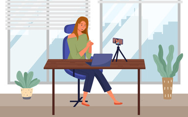 Podcaster woman character in office room interior. Girl listening audio podcast and speaking at live streaming use smartphone and laptop on her vlog. Podcaster making, blogger, technology concept
