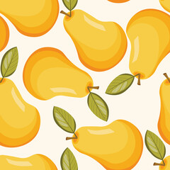 Seamless pattern with pear on white background. Natural delicious fresh ripe tasty fruit. Vector illustration for print, fabric, textile, banner, other design. Stylized pears with leaves. Food concept