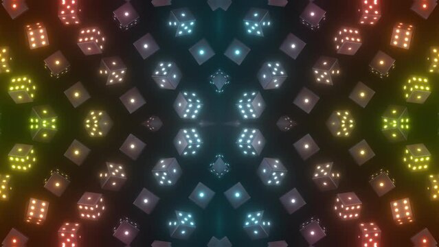This stock motion graphics video clip of4K Spinning Neon Dice Pattern with gentle overlapping curves on seamless loops.