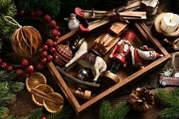 Vintage style Christmas toys and decors in wooden box top view - Powered by Adobe