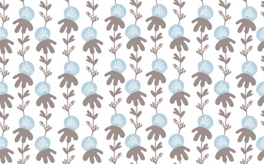 Seamless floral pattern based on traditional folk art ornaments. Colorful flowers on white background. Scandinavian style. Sweden nordic style. Vector illustration. Simple minimalistic pattern