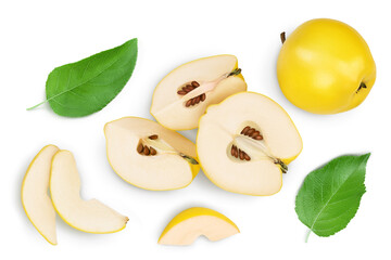 Naklejka na ściany i meble Fresh quince with half and slices isolated on the white background and full depth of field. Top view. Flat lay