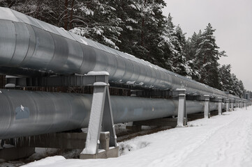 pipeline,pictured pipeline in winter against the background of a snow-covered forest and gray sky