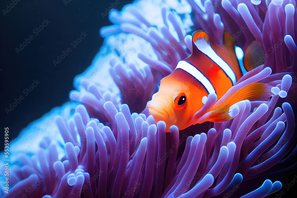 Wall mural cute clownfish under water in sea anemone (generative ai)