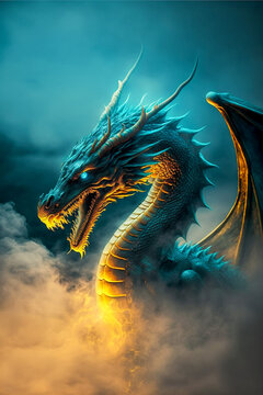 Illustration of dragon in the colourful glow, mist and fire. Ai generated content