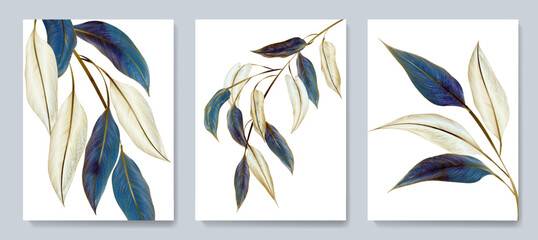 Abstract luxury art background with exotic tree leaves in blue and white colors in gold line style. Botanical watercolor set for wallpaper design, decor, print, interior design.
