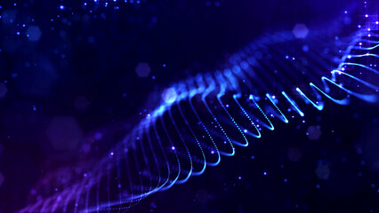 3d render. Abstract sci-fi bg with glow particles form curved lines, surfaces, hologram structures or virtual digital space. Deep blue motion design background of microworld or cosmic space. Strings © Green Wind
