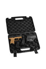 A modern small semi-automatic pistol with a holster and additional ammo magazines. Short-barreled weapon in a plastic case for storage and transportation. Isolate on a white back.
