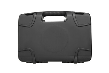 Dark grey plastic case with foam inside. A box for storing and transporting a pistol. Weapon case isolate on white back.
