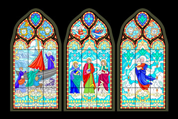 Set of beautiful colorful medieval stained glass windows. Gothic architectural style. Illustrations of Holy Apostles. Architecture in France churches. Middle ages in Western Europe. Vector drawing.