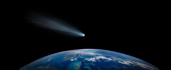 Comet, asteroid, meteorite flying to the planet Earth.  Glowing asteroid and tail of a falling comet threatening the safety of the Earth.  Elements of this image furnished by NASA. © Tryfonov