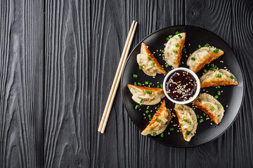 delicious fried gyoza dumplings on a black plate