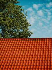 Red tiled roof. CLouds in blue sky. Green tree. Spring or summer nature.