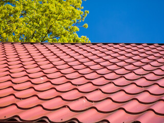 Red clay ceramic tiled roof. Blue sky. Green tree. Close-up.