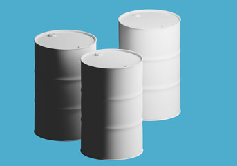 White barrels for chemical products. Metal barrels isolated on blue. Containers for storage and transportation of liquids. Tare for chemical factory. Chemical storage barrels. 3d image.