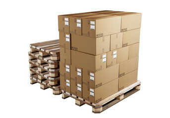 Boxes with pallets. Several boxes with courier stickers. Postal parcels. Several parcels next to pallets. Cardboxes destined for delivery. Boxes isolated on white. Stack of pallets. 3d rendering.