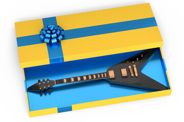 Gift boxes with guitar, ribbon and bow on white background