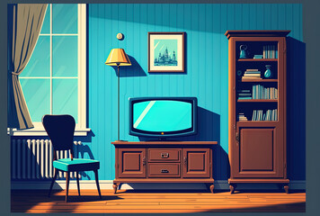 Interior of a living room with a television cabinet against a blank blue wall. Generative AI