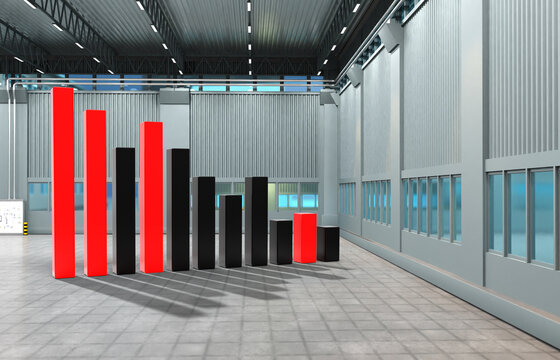 Falling graph inside warehouse. Falling infographic. Reducing supply of goods concept. Falling chart in industrial hangar. Metaphor slowdown industry industrial production. 3d rendering.