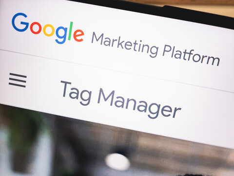 KONSKIE, POLAND - December 13, 2022: Google Marketing Platform showing Tag Manager tool on their website displayed on computer screen