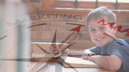 Animation of compass with text over caucasian boy reading book - Powered by Adobe