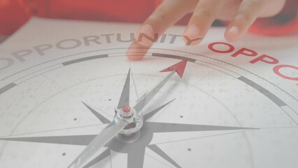 Animation of compass with text over caucasian child reading braille - Powered by Adobe