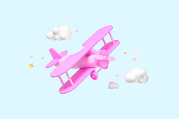 Pink Cartoon Airplane in sky on pastel blue color background. Flat lay design.  Creative layout on pastel blue background. 3d render