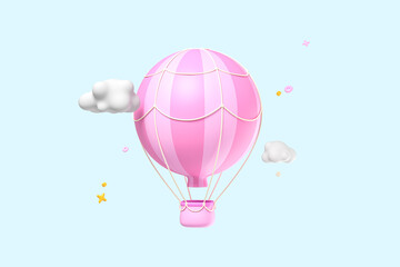 Pink Cartoon Hot air balloon in sky on pastel blue color background. Flat lay design.  Creative layout on pastel blue background. 3d render