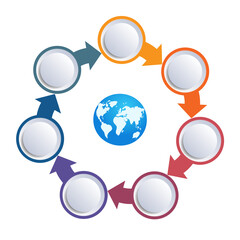 Elements for infographics, arrows with buttons around the Earth, 7 positions
