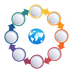Elements for infographics, arrows with buttons around the Earth, 8 positions
