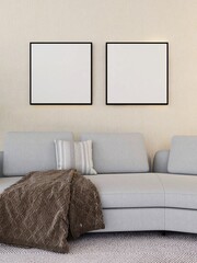 Living room with two mockups of square frames on a beige wall and interior decoration. 3d rendering, interior design, 3d illustration