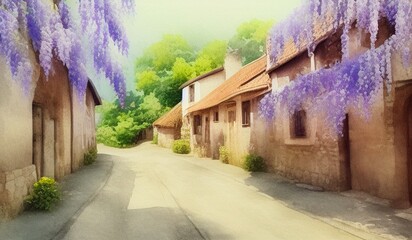 Fototapeta na wymiar AI-Generated Image of A Watercolor Village with Blooming Wisteria Flowers