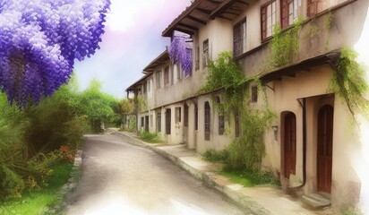 Fototapeta na wymiar AI-Generated Image of A Watercolor Village with Blooming Wisteria Flowers