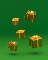3d rendering of golden gift boxes on green background