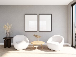 Fototapeta na wymiar Living room with two vertical frame mockups on a gray wall, sofa and ornamental plants. 3d rendering, interior design, 3d illustration
