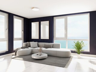 Fototapeta premium Living room with blue walls, two vertical blank paintings and interior decoration with ornamental plants. 3d rendering, interior design, 3d illustration