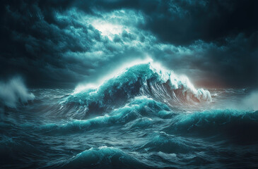 Stormy blue ocean with big waves and cloudy sky. Postproducted generative AI digital illustration.