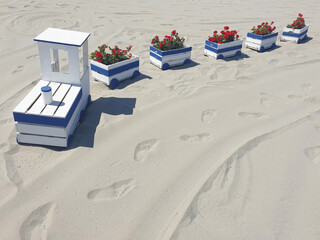 A wooden train made from old boxes sits on the sand as a decoration on the beach.
