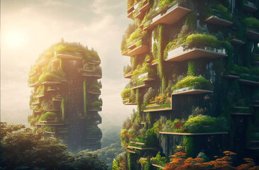 Environmental residential city district with green terraces of flats at sunlight. Postproducted generative AI digital illustration.